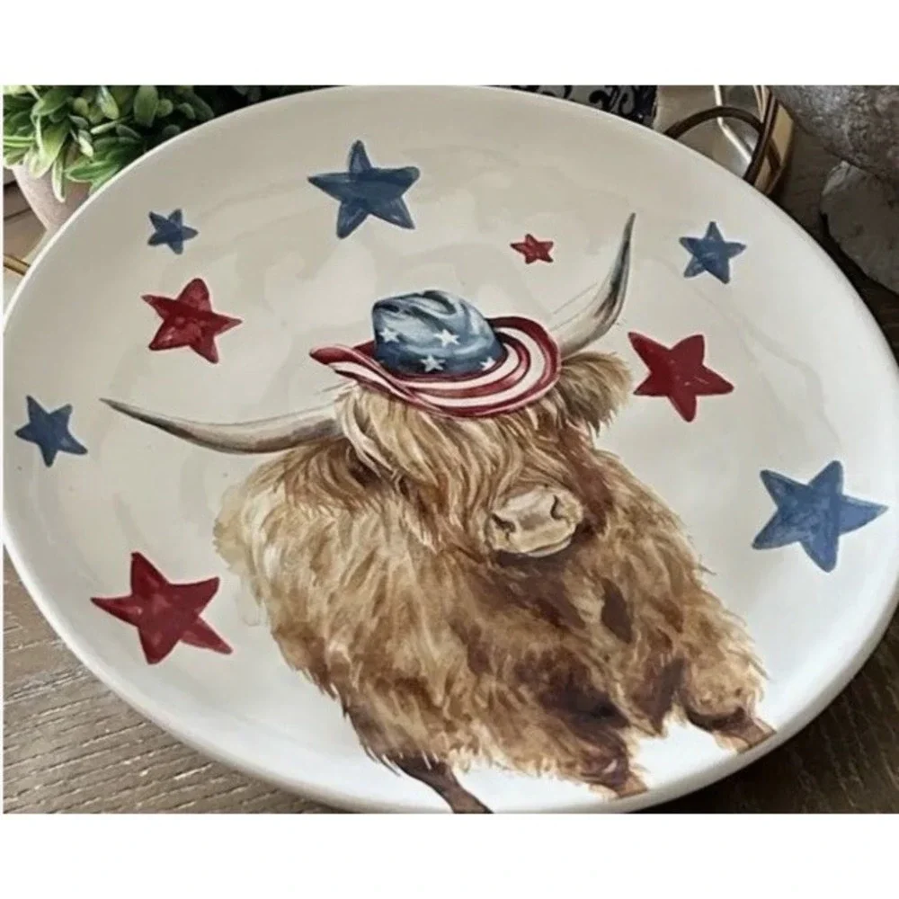 Set Of 4 Hobby Lobby Patriotic Highland Cows Plates Cowboy Hat Ceramic